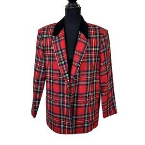 Vtg Womens Red Plaid Blazer By Requirements XL 14 Wool Blend Velvet Collar